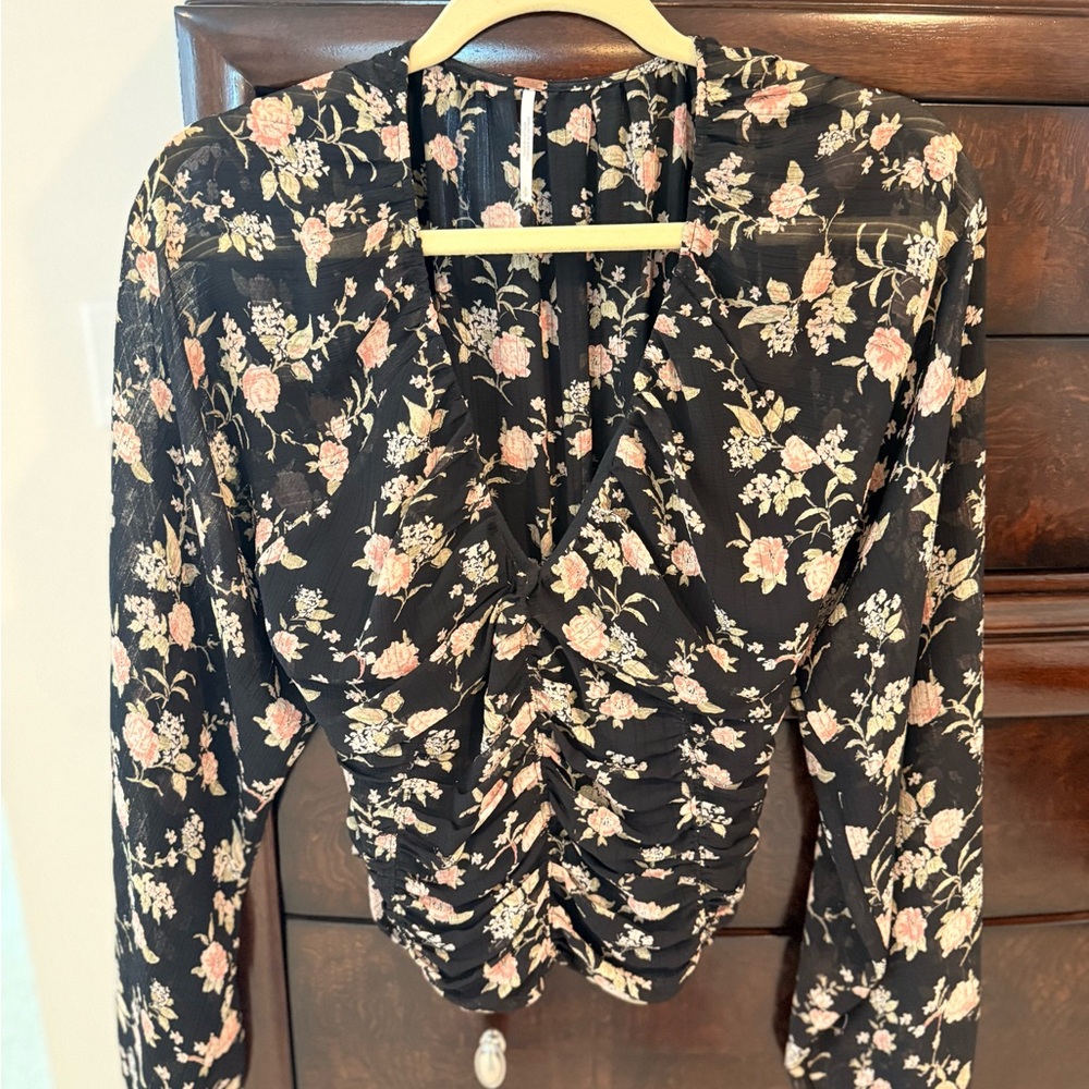 Free People Black Floral Ruched V-Neck Long Sleeve Top
